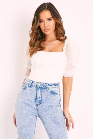 White Mesh Ruched Short Sleeve Bodysuit - Dacota