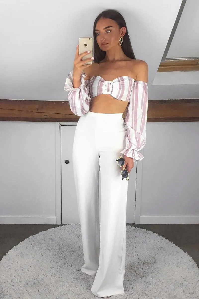 White Pink Stripe Buckle Front Extreme Bardot Crop Top - Theora