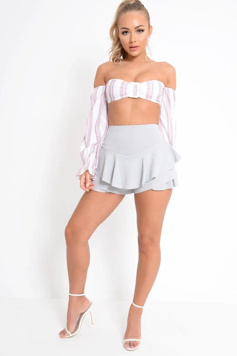 White Pink Stripe Buckle Front Extreme Bardot Crop Top - Theora