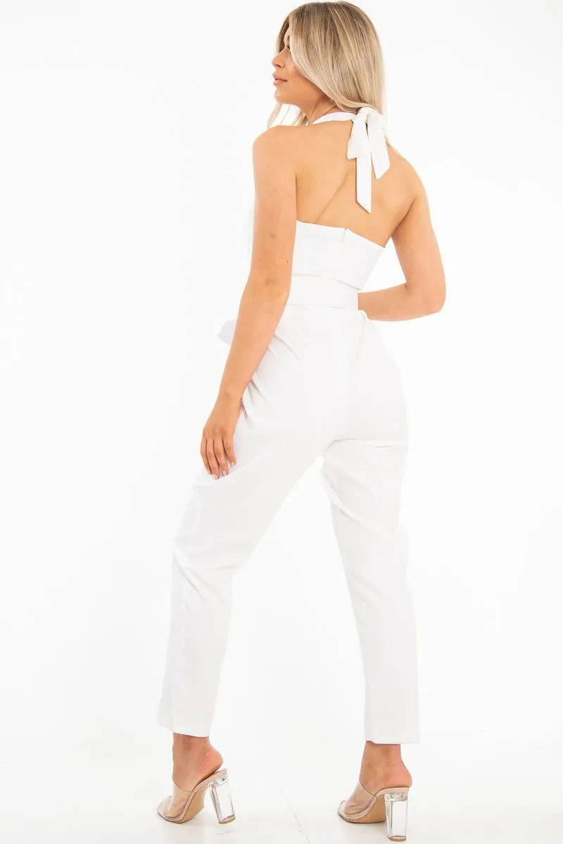 White Plunge Front Belted Jumpsuit - Mykel