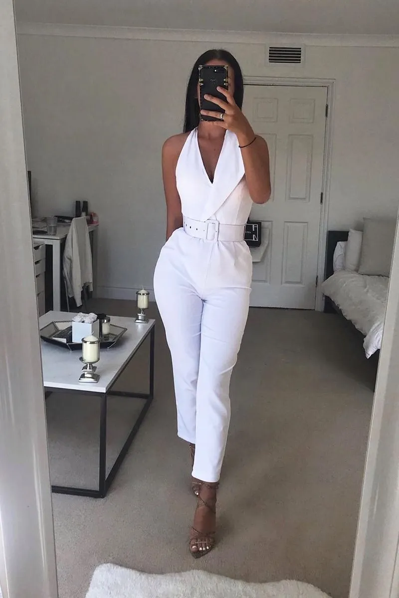 White Plunge Front Belted Jumpsuit - Mykel