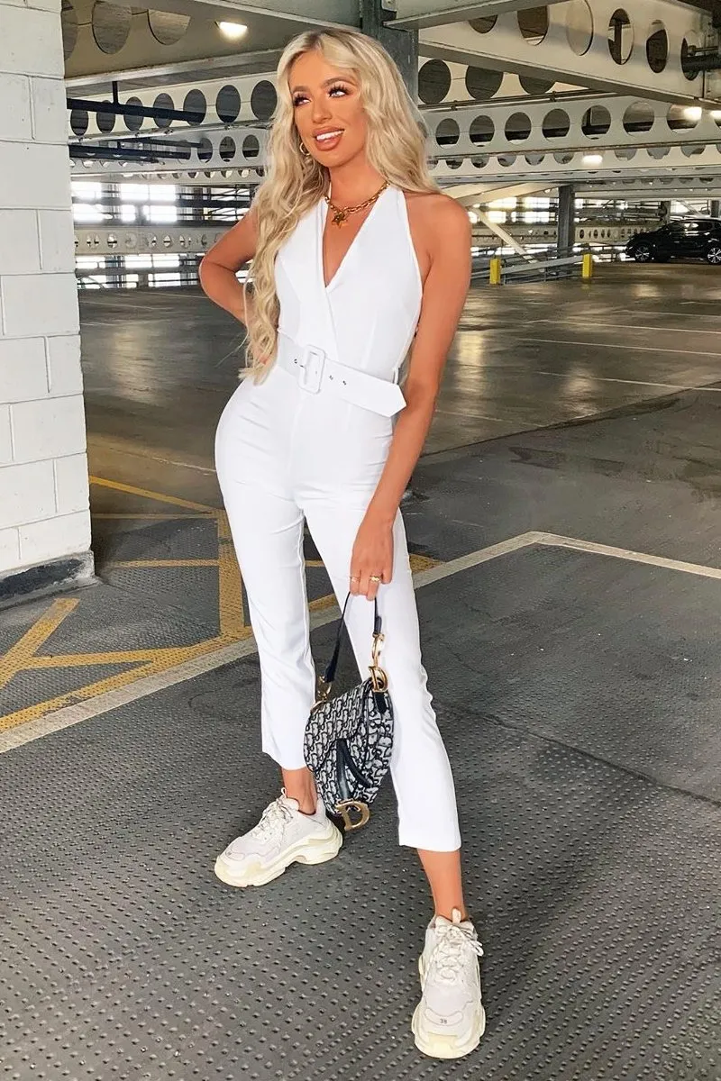 White Plunge Front Belted Jumpsuit - Mykel