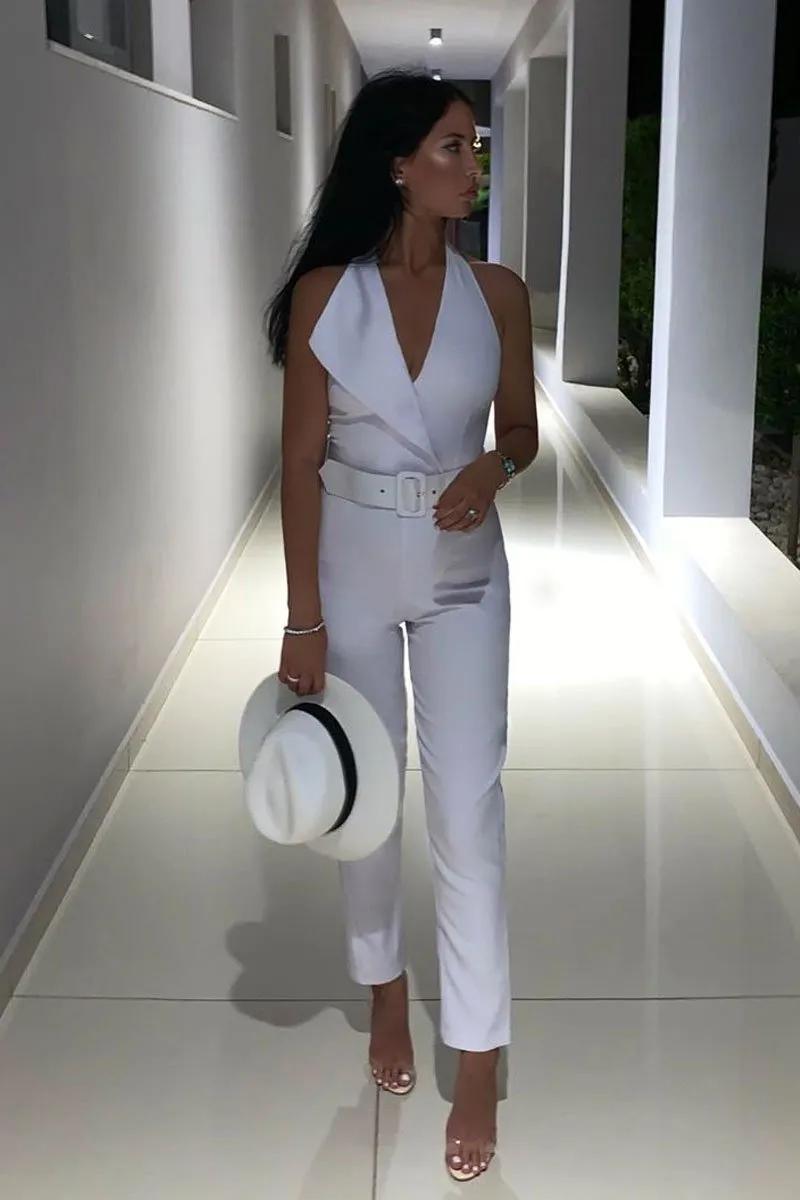 White Plunge Front Belted Jumpsuit - Mykel