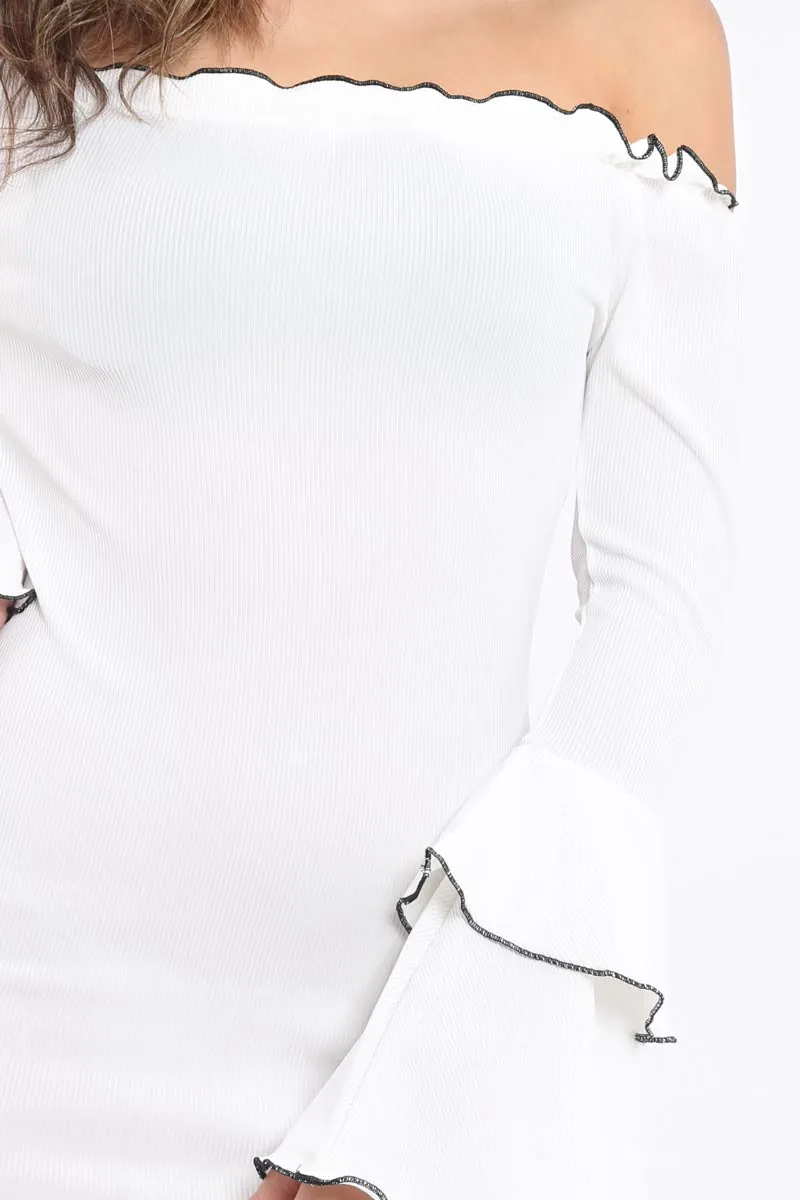 White Ribbed Bell Sleeve Mini Dress - Ariana