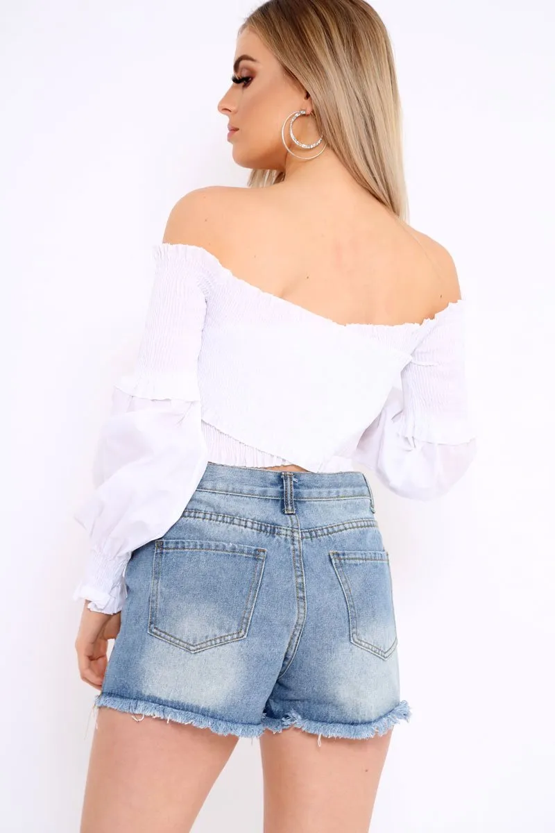 White Shirred Bardot Crop Top - Abisha