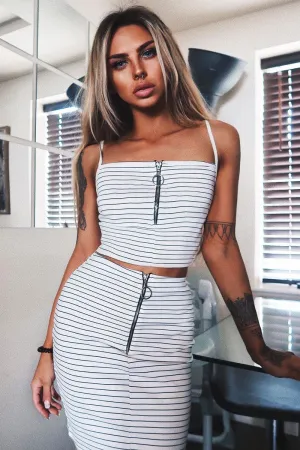 White Stripe Ring Zip Front Mini Skirt And Bralet - Rosi