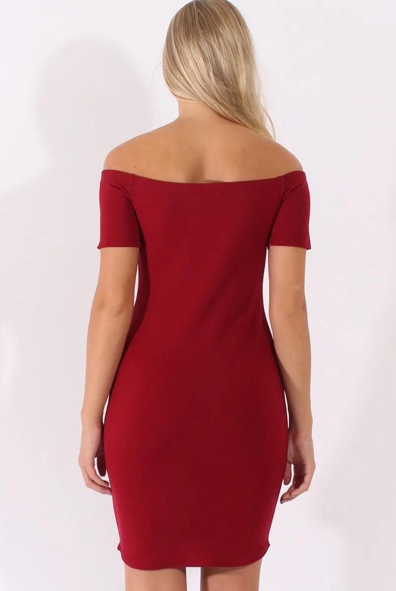 Wine Bardot Bodycon Button Detail Dress - Wallis