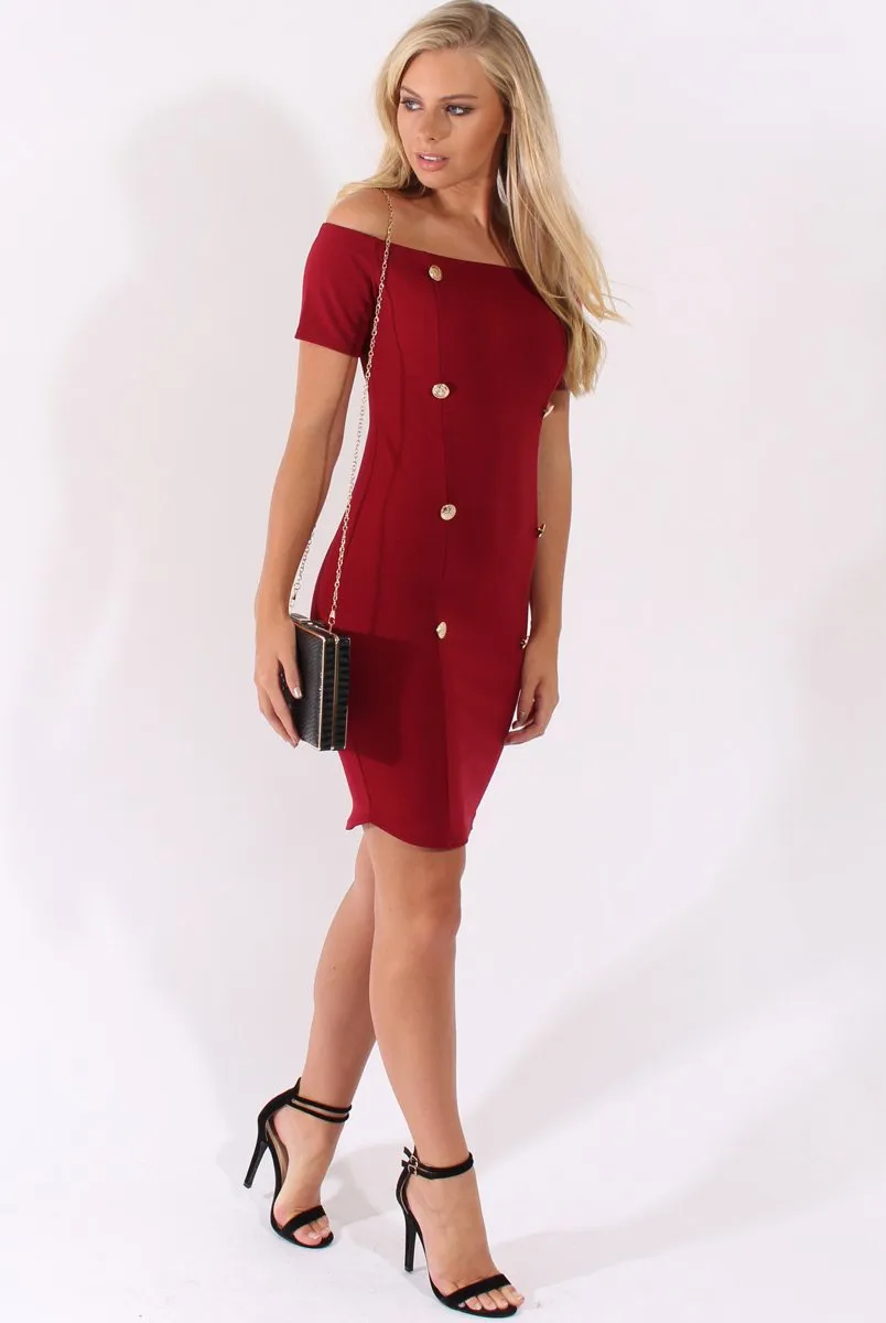 Wine Bardot Bodycon Button Detail Dress - Wallis