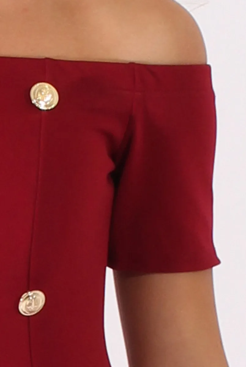 Wine Bardot Bodycon Button Detail Dress - Wallis