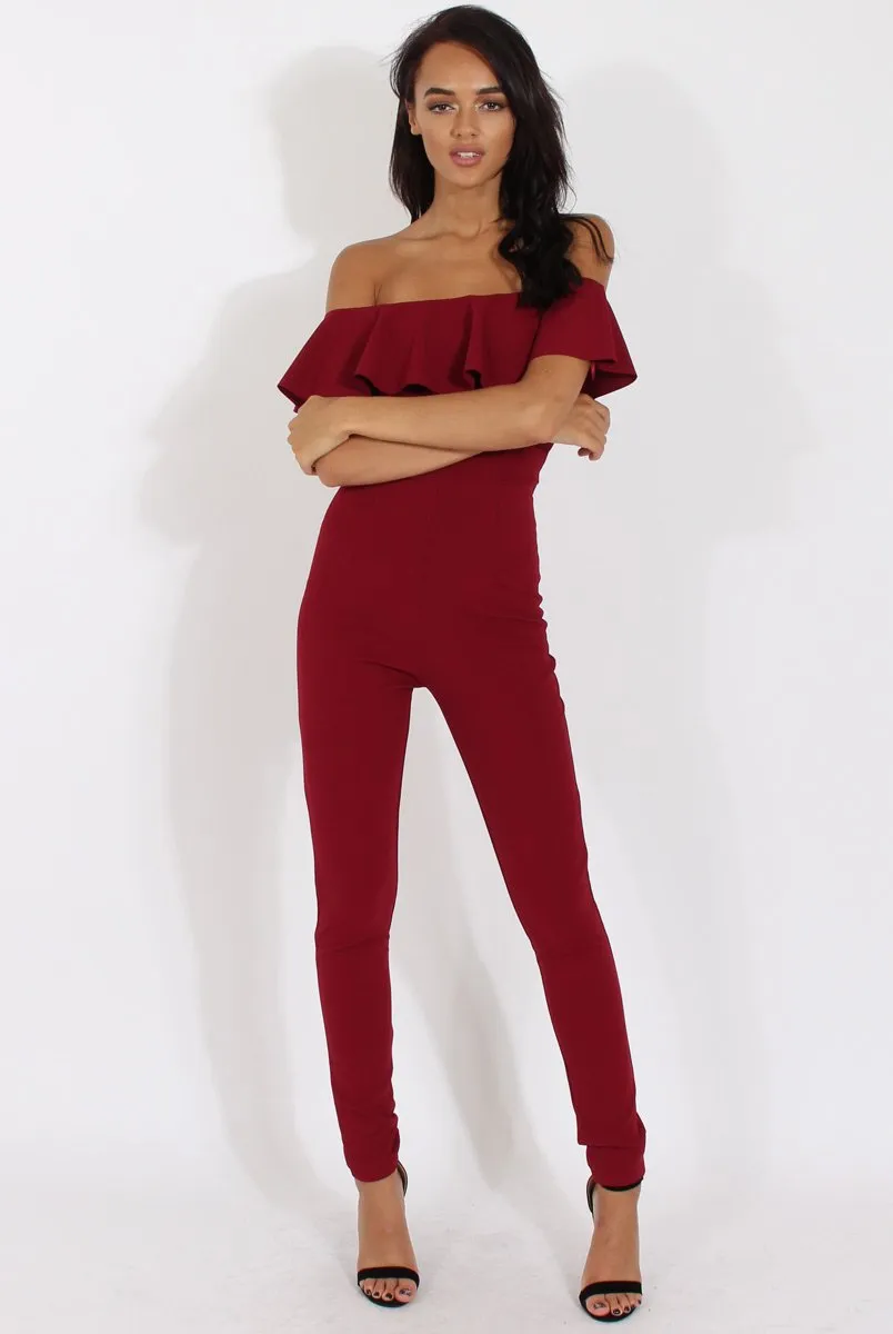 Wine Bardot Frill Layer Jumpsuit - Anastasia