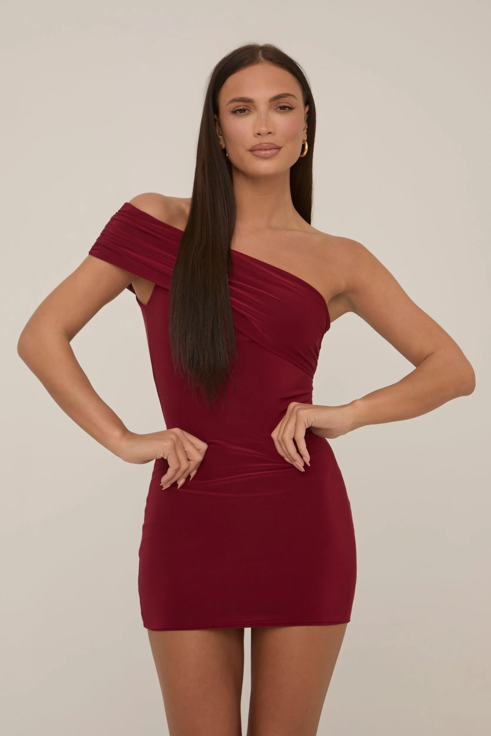 Wine Off Shoulder Slinky Mini Dress - Petula