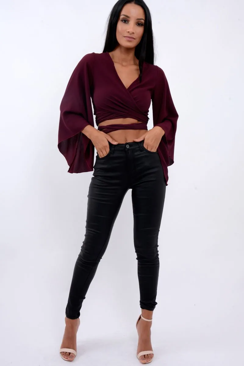 Wine Wrap Tie Crop Blouse - Kay