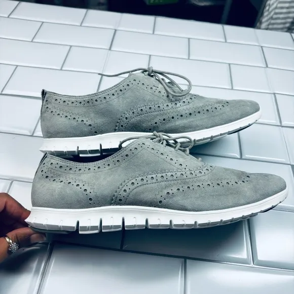 Women's ZERØGRAND Wingtip Oxfords IRONSTONE SUEDE-OPTIC WHITE size 11B