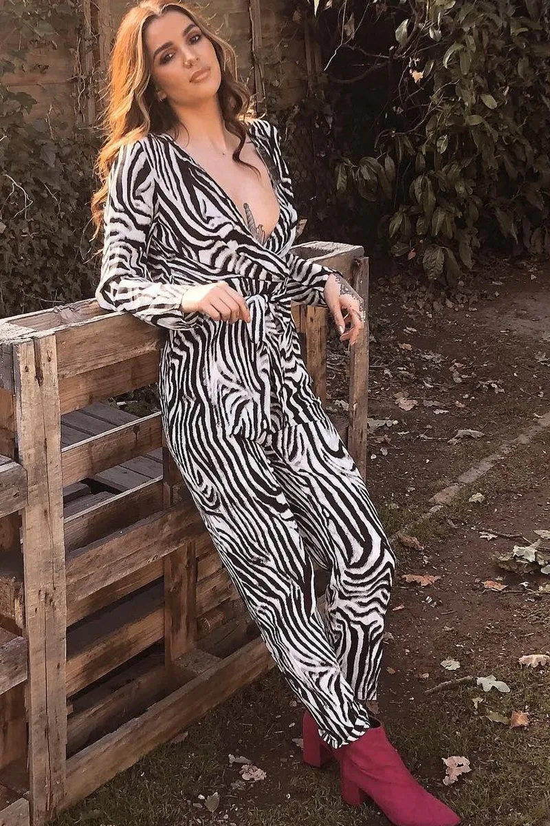 Zebra Plunge Tie Waist Jumpsuit - Ellajane