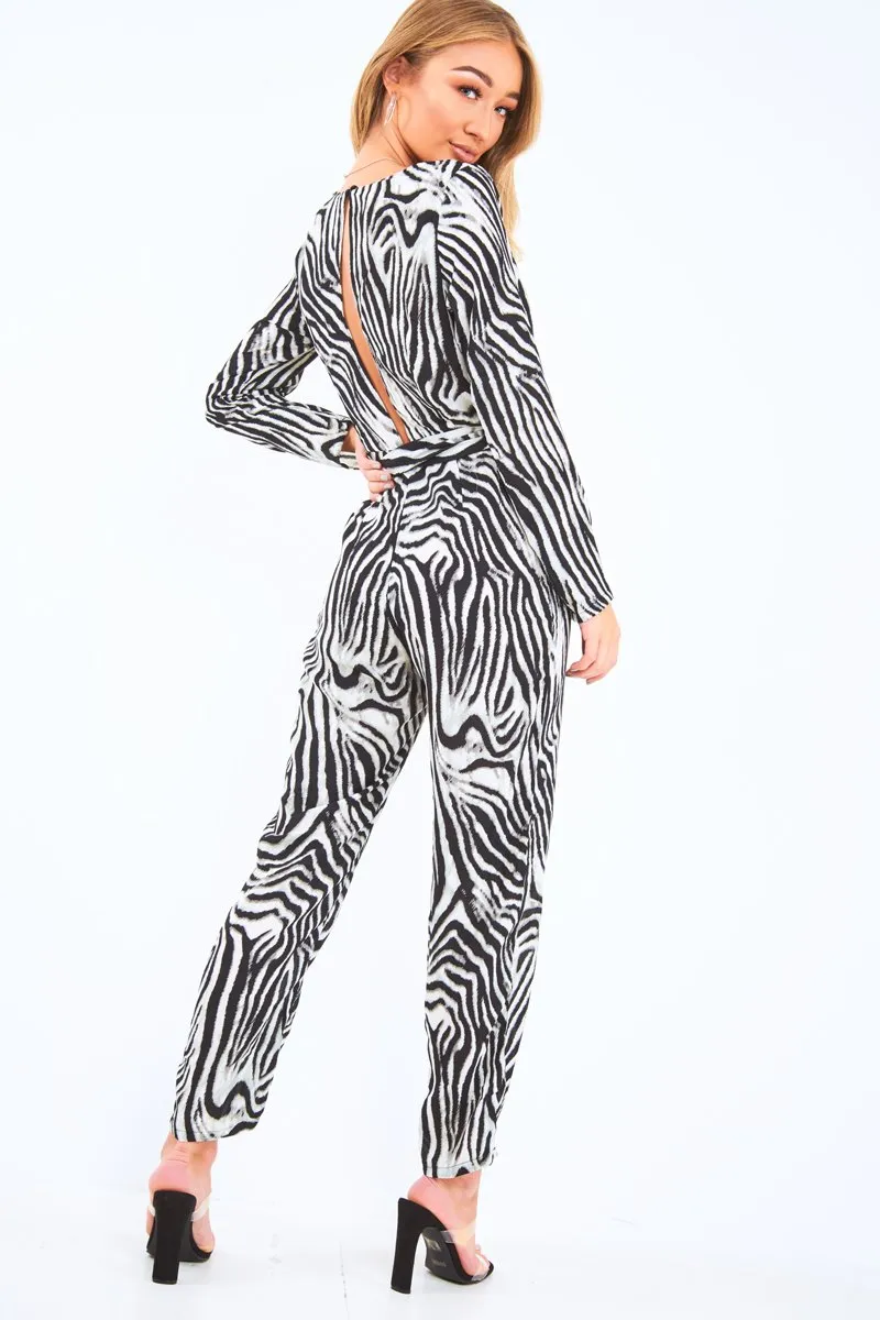 Zebra Plunge Tie Waist Jumpsuit - Ellajane