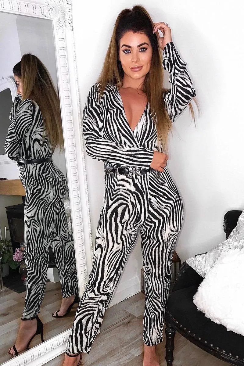 Zebra Plunge Tie Waist Jumpsuit - Ellajane