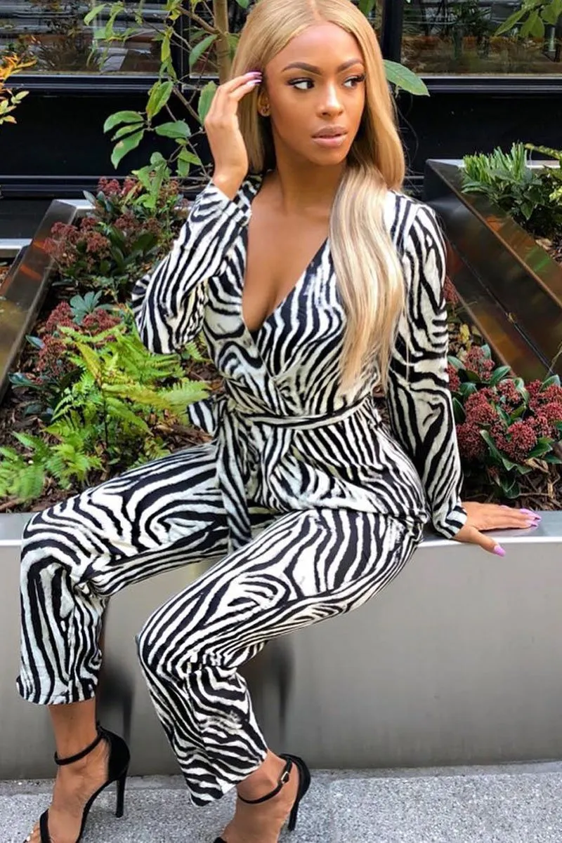 Zebra Plunge Tie Waist Jumpsuit - Ellajane