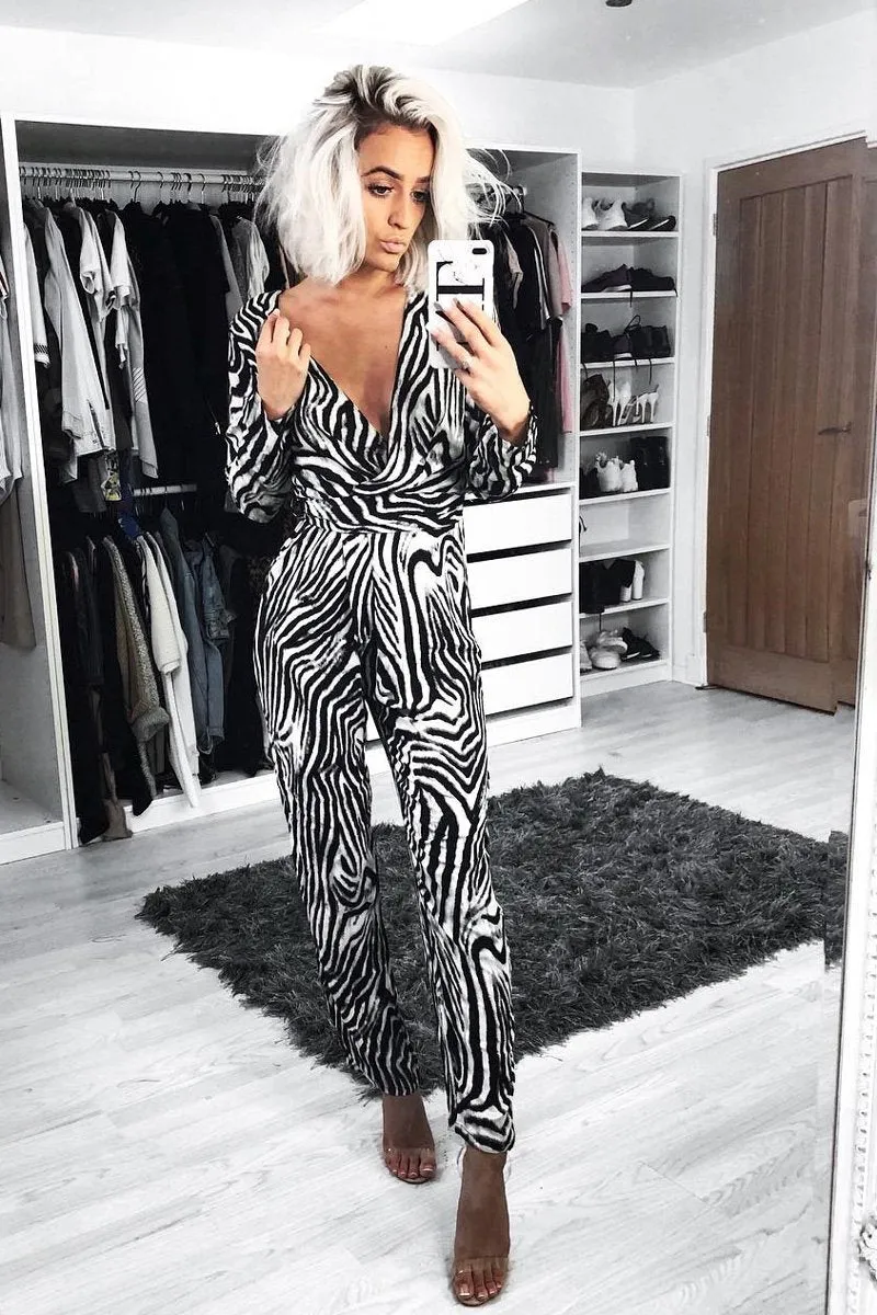 Zebra Plunge Tie Waist Jumpsuit - Ellajane